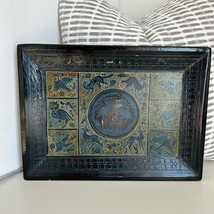 vintage hand-painted and engraved lacquer tray from Olinalá, Guerrero, Mexico